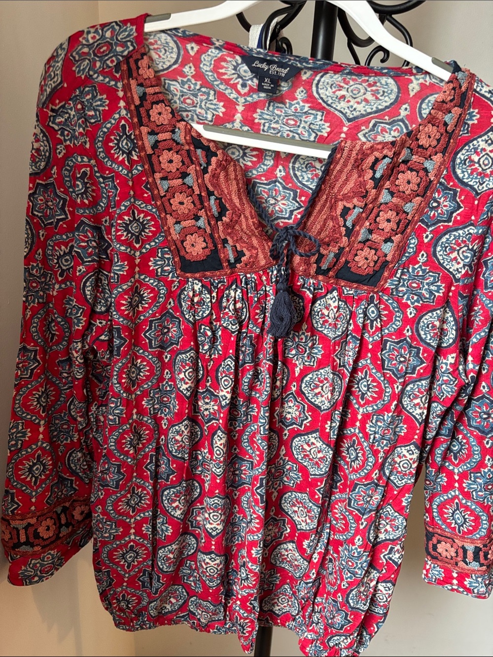 Lucky Brand Red Paisley-Print Boho Blouse with Navy Accents